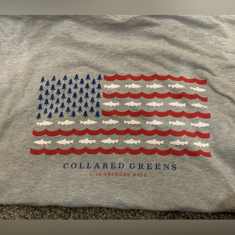 Collared Greens American Flag Print Long Sleeve Shirt - Gray - XL